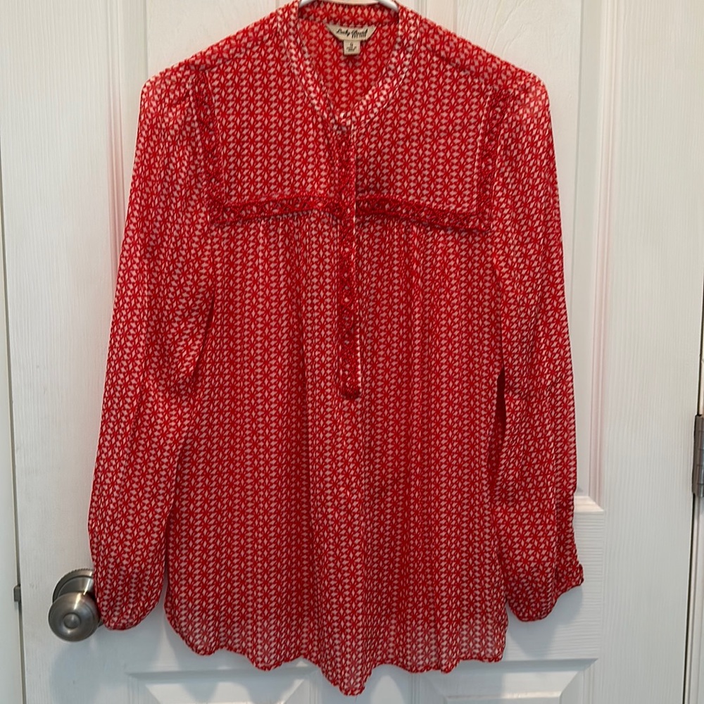 Lucky Brand blouse long sleeve sz small orange with cute details including beads